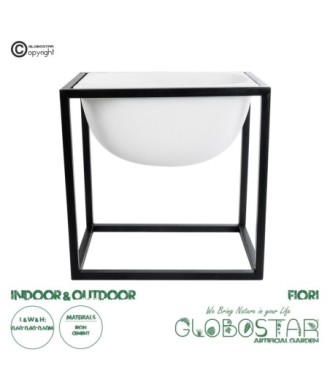 GloboStar® Artificial Garden FIORI 20754 Επιδαπέδιο Μεταλλικό Τσιμεντένιο Κασπώ Γλάστρα - Flower Pot Λευκό με Μαύρο Μ60 x Π40 x Υ60cm